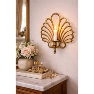Vintage Brass Peacock Feather Wall Sconce – Hollywood Regency Candle Holder